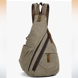 KL928 Sling Backpack Green Canvas Leather Trim